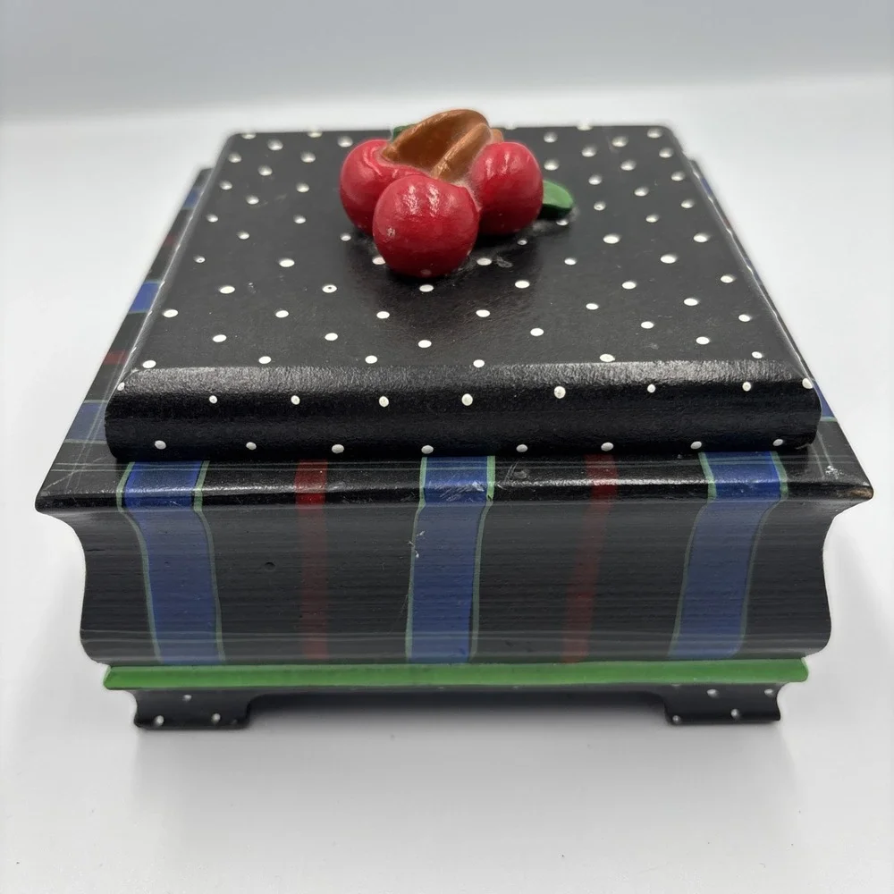 VTG Handcrafted Wooden Box w/ Lid‎ Cherries on Lid Polka Dot Striped Signed 1996